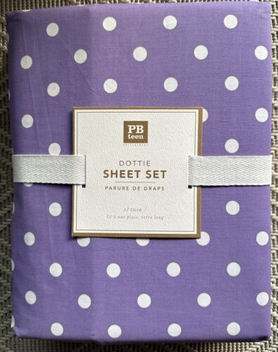 Pottery Barn Teen Size XL Twin 3 Piece Purple & White Polka Dot Dottie Sheet Set