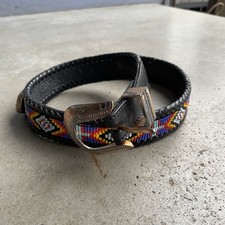 Vintage Beaded Belt Southwestern Copper Buckle Size 33'' Silver Tones