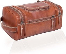 Genuine Buffalo Leather Toiletry Bag Travel Dopp Kit Shaving Case For Men Women