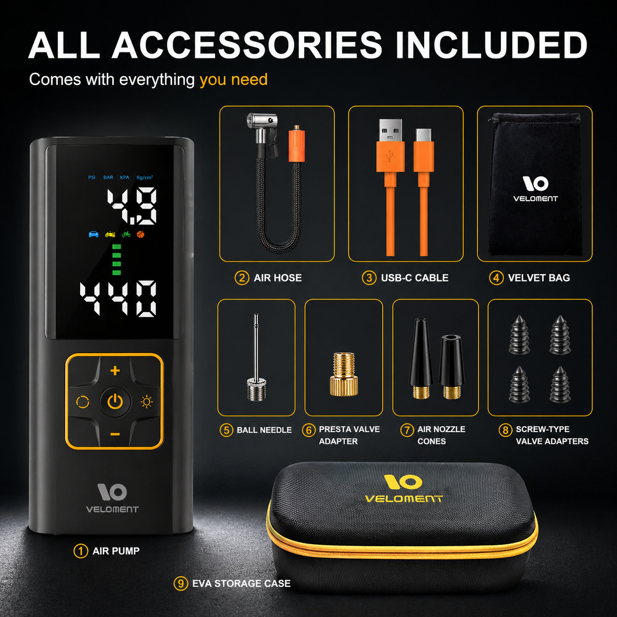 P044 Pro tire inflator accessories with EVA storage case hose USB-C cable and nozzle adapters