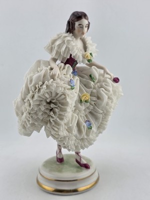 Antique Dresden Lace Porcelain Figurine Lady Dancer Flowers