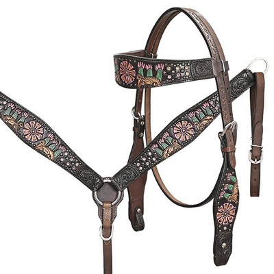 HILASON Western Horse Floral Headstall Breast Collar Set American Leather Brown