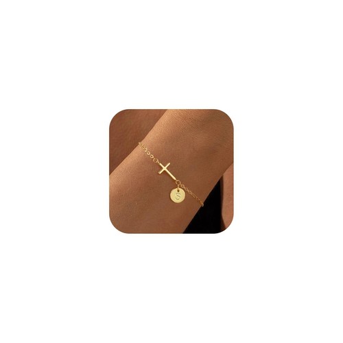 Gold Armbänder für Damen 14K Echt Vergoldet Kreuz Initiale S Bettelarmband Dai - Bild 1 von 6