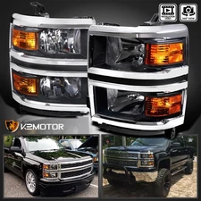 Black Fits 2014-2015 Chevy Silverado 1500 Pickup Headlights Headlamps Left+Right