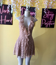 Women’s Pink Floral Lace Ruffle Mini Dress V-Neck Sleeveless Lined Pull On S