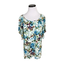 Counterparts Floral Short Sleeve Stretchy Blouse Top White Blue Size Small