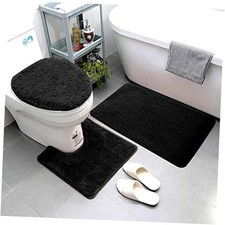 3 Piece Bathroom Rug Set Includes Bath Rug, Contour Mat and Toilet Lid Black
