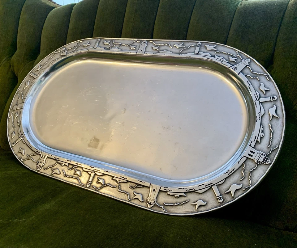 Wilton Armetale Rare Lighthouse Pattern Serving Tray, Large Oval 11X18 - Image 3 of 4