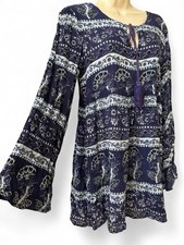 RAGA Boho Tunic Top Women Small Blue Paisley Tassel Peasant Blouse