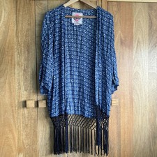 Superdry Kimono Beach Coverup M Blue Tribal Geo Print Fringe Festival Boho