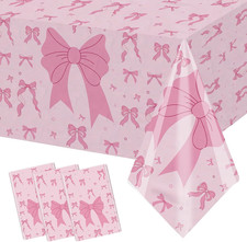 3 Pack Pink Bow Tablecloth, Disposable Plastic Coquette Bow Birthday Table Cloth