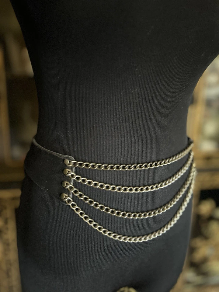 Cinturón De Colección Multicapa Metal Cadena Negro Gamuza Años 80 Glam Punk Hecho en EE. UU. Foto 3 de 4