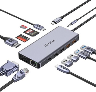 Getatek USB C Dock 12 in 1 4K HDMI VGA 10Gbps USB 3.0 Ethernet Audio Adapter