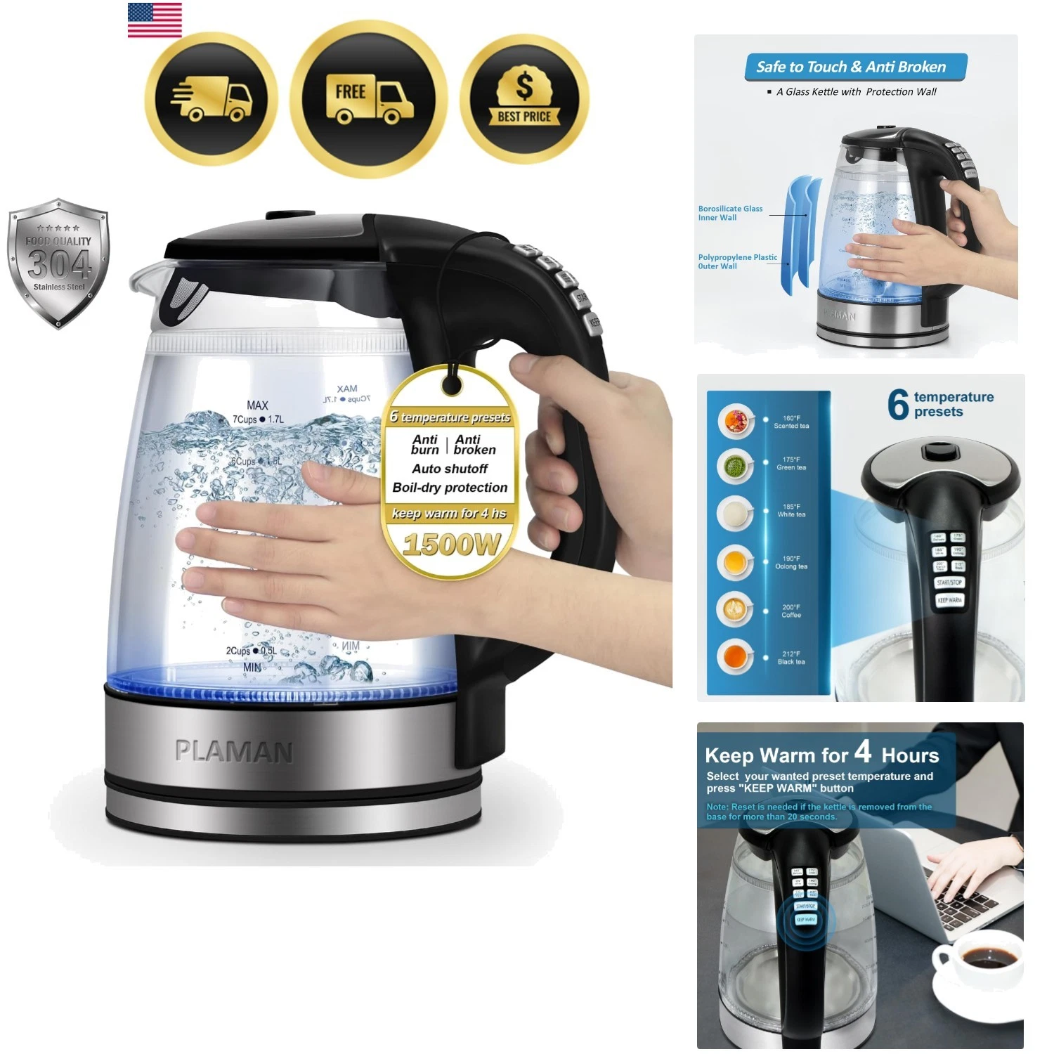 1500W Electric Kettle with Temperature Control - 6-Temp Presets for Tea/Coffe...