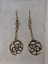 Esika Gold Tone Rose Filigree Drop Earrings Crystal Accent Dangle