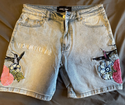 Size 32 Homme Femme Denim Embroidered Shorts Floral Humming Bird NEW w/o Tags