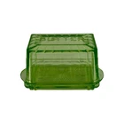 Vtg Anchor Hocking Block Optic GREEN Uranium Glass BUTTER DiSH 1930s, BASE & LiD
