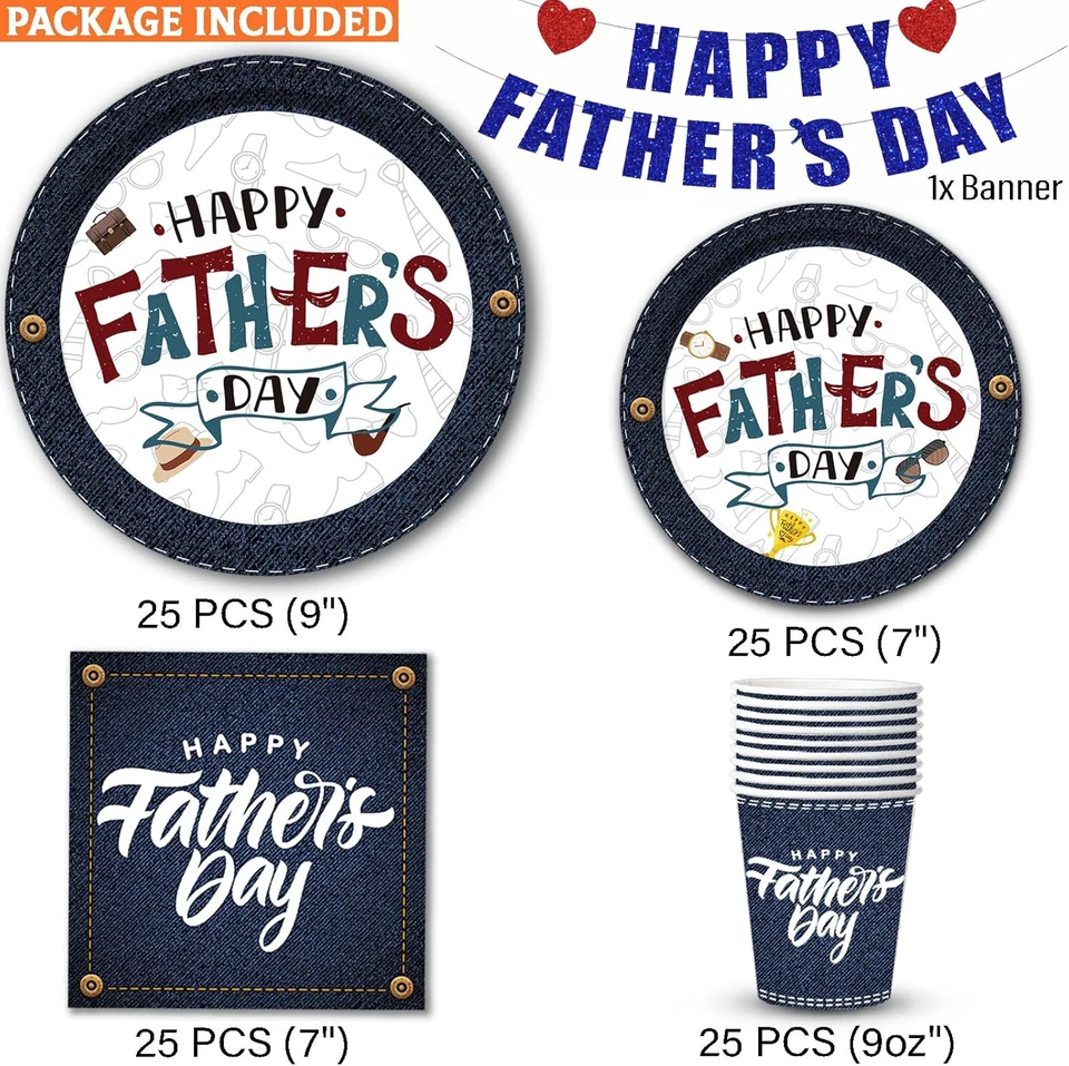101 PIEZAS Platos y Servilletas de Papel Día del Padre (Estilo Vaqueros, Sirve 25), Día del Padre Foto 4 de 4