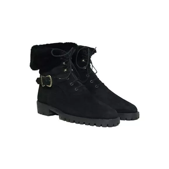 Aquatalia Lace Up Fur Lined Combat Boots in Black Suede Y2K Womens
