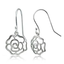 Sterling Silver High Polished Open Rose Dangle Earrings