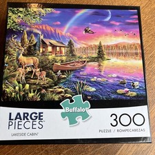 Buffalo Games  LAKESIDE CABIN  300 Large Piece Puzzle with Poster - USED
