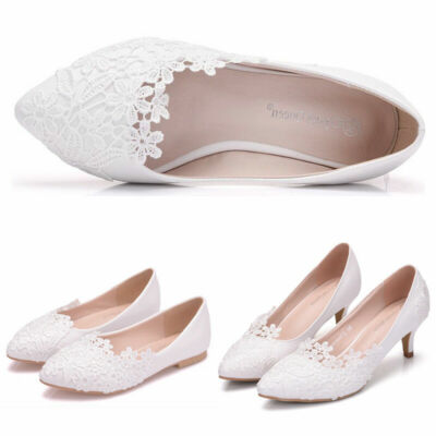 Neu Damen Hochzeit Reines Weiß Blume Pumps Spitze Braut Schuhe Größe 1CM 5CM