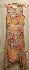 Chaps peach/multi patchwork poly scarfhem SL midi dress Sz 4