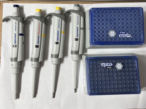 Set of 4 Eppendorf Research Plus Pipette 10,20,200,1000uL Pipetman +Tip Boxes