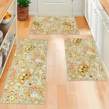  Kitchen Rugs Set of 3 Boho Floral Kitchen 20"x32"+20"x32"+20"x47" Light Tan