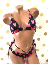 Victoria's Secret Black Hearts O-Ring Triangle Strappy Swim Bikini 2PC Set L NWT