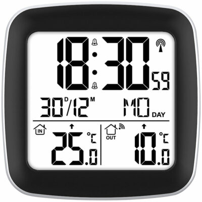 infactory Digitaler Funkwecker mit Dual-Alarm, Thermometer, Außensensor,  Datum