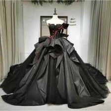 Gothic Black Strapless Wedding Dresses Beaded Satin Lace-up Corset Bridal Gowns
