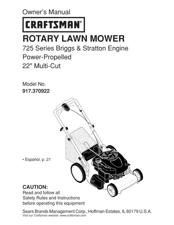 Owner s Manual Sears Craftsman 725 Series Lawn Mower 22 Mower