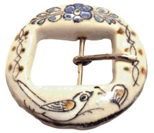 VTG Mexican KE Pottery Round Belt Buckle Boho" Floral Single Tang 2.7"X 2.6"