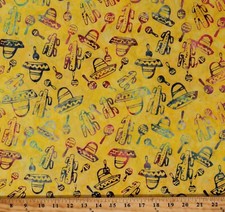 Cotton Batik Mexican Sombreros Maracas Music Fabric Print by the Yard D301.58