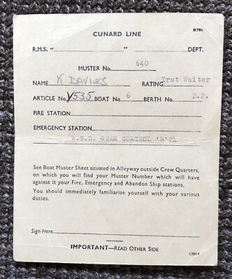 Vintage CUNARD, CREW MUSTER STATION CARD, 50er Jahre, Rettungsboot