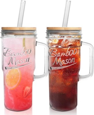 Glass Cups with Lids and Straws - 24Oz Tumbler with Handle Coffee Cups Glass Str