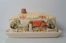 Vintage Barn Covered Butter Dish English Cottage Thatched Roof Marks Rosenfeld 