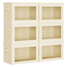 Collapsible Storage Bins with Lids - Stackable Storage L 6-Pack Beige