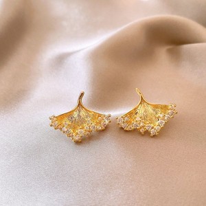 Authentic Gold Plated Ginkgo Leaf Stud Earrings Women Ear