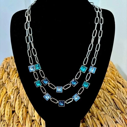 NWOT Chicos silver necklace with beautiful blue green purple crystals - product listing photo