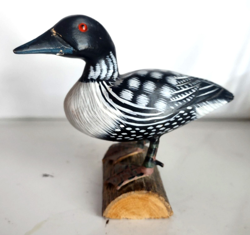 Vintage Hand-Carved and Handpainted Wooden Common Loon Figurine with Glass Eyes