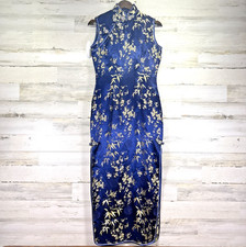 Phoenix Blue Gold Embroidered Floral Cheongsam Asian Long Qipao Dress Sz M/38