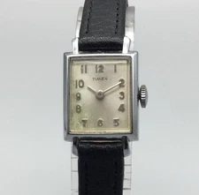 Vintage Timex 17mm Manual Wind Womens Watch Rectangular Silver Black Leather