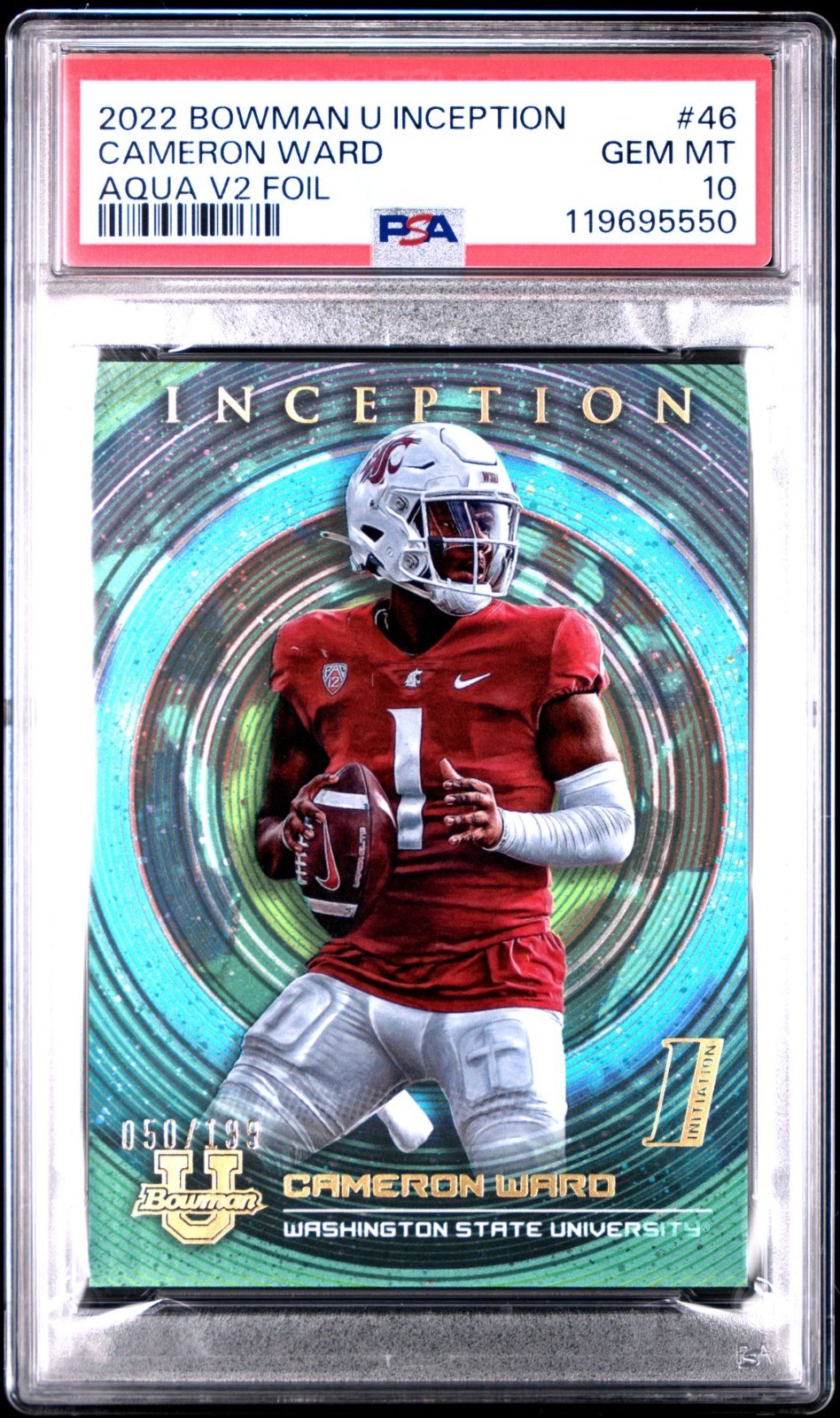 2022 BOWMAN UNIVERSITY INCEPTION #46 CAMERON WARD AQUA V2 FOIL #/199 PSA 10