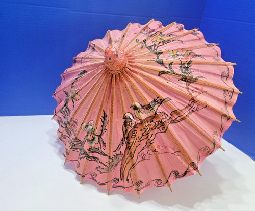 Vintage Asian Pink Oil Paper Umbrella Parasol with Birds