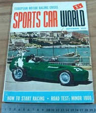 1957 Sports Car World.MONACO FANGIO.HANKS INDIANAPOLIS.BMC MINOR 1000.FERRARI