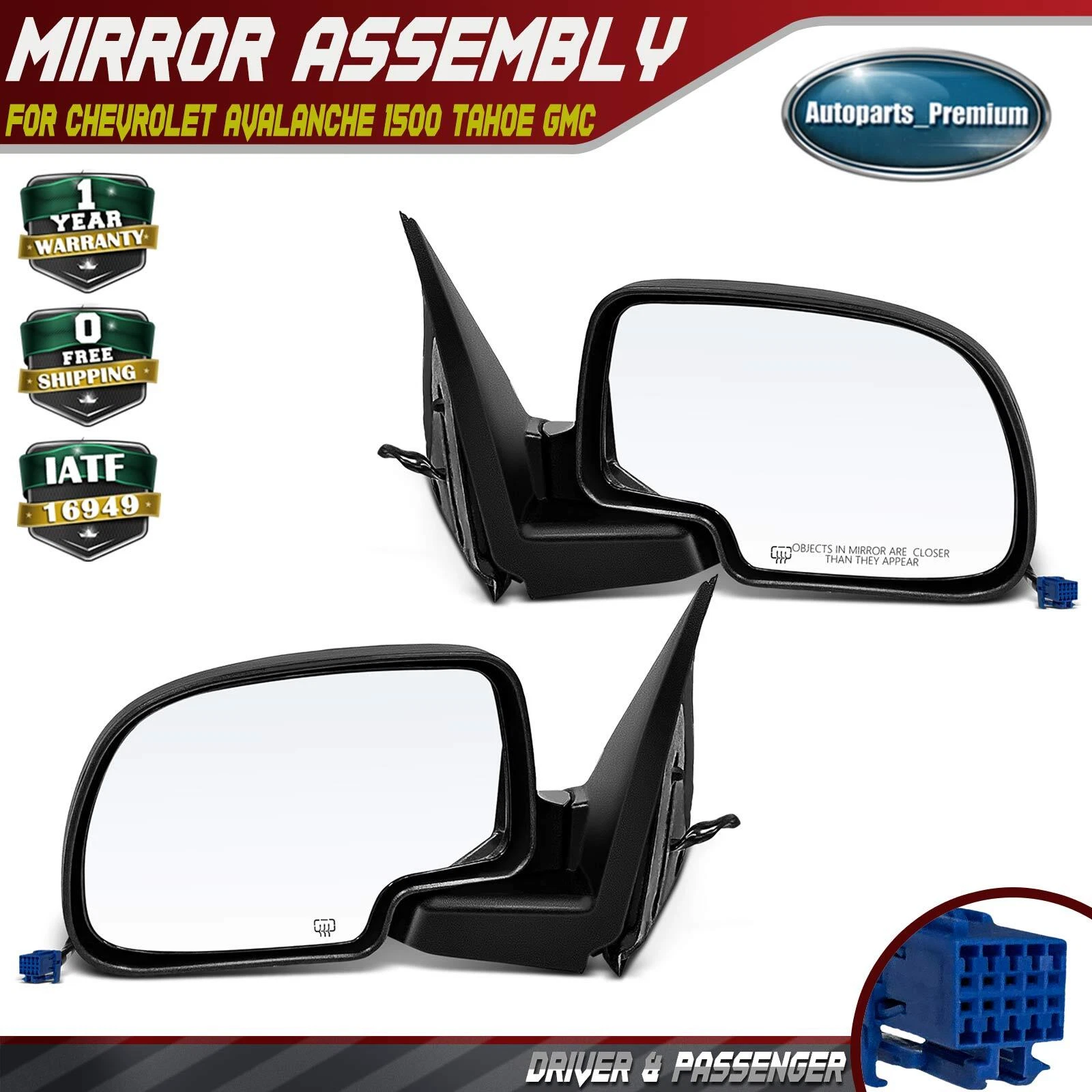 2x Black Smooth Mirror for Chevy Avalanche 1500 Silverado 1500 GMC Sierra 1500