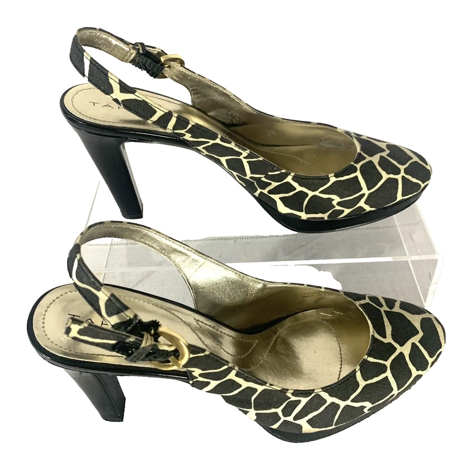 TAHARI Women’s 7.5M Black/White Animal Print Fabric Slingback High Heels - Image 4 of 4