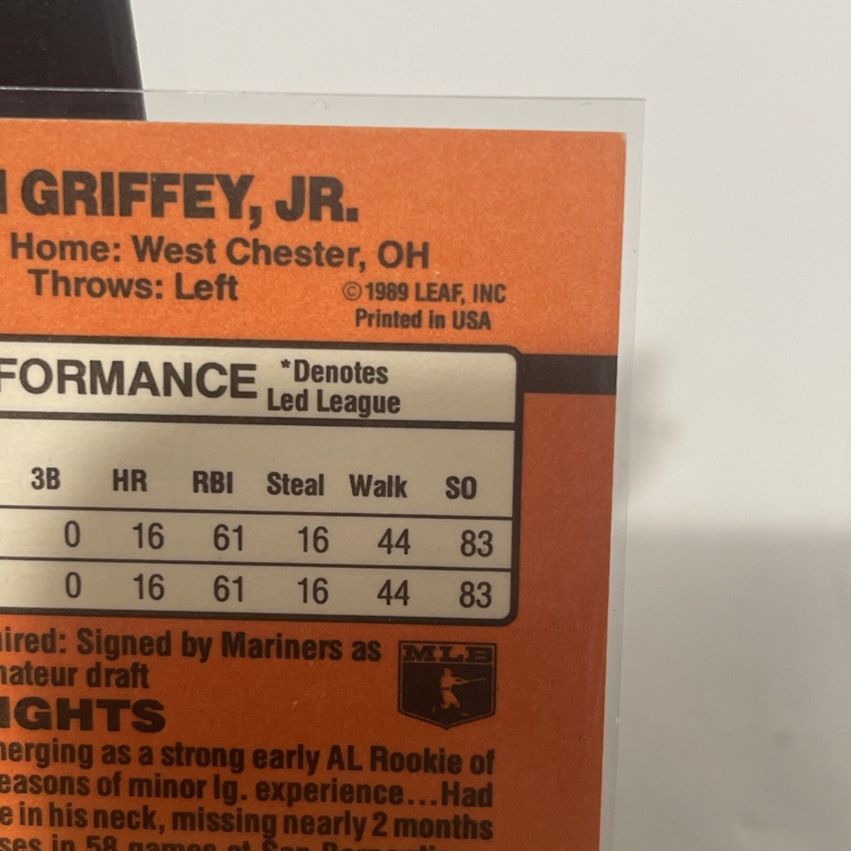 1990 Donruss Ken Griffey Jr. #365 Error Card No Period After “INC